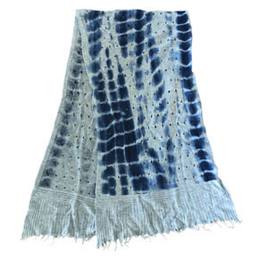 Lisa Todd 100% Cashmere Tie-Dye To Dye For Fringe Perforated Knit Scarf Blue